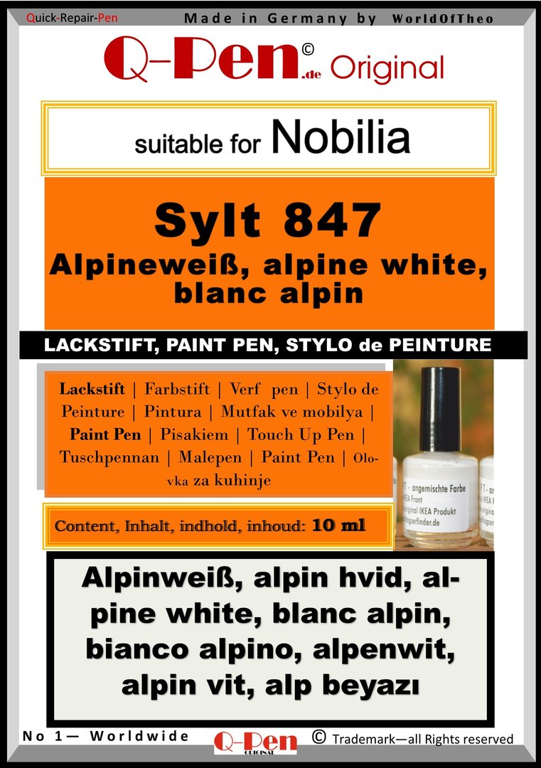 Lackstift für Nobilia SYLT 847 Alpineweiß10mL