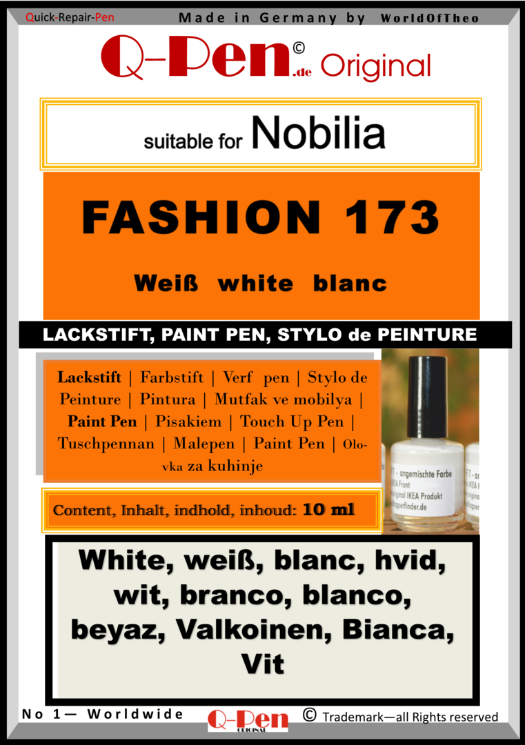 Lackstift für Nobilia Fashion 173 weiß 10mL