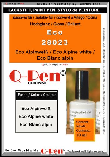 Stylo peinture pour Artego/Qcina Eco 28023 Eco Blanc alpin brillant 10mL Q-Pen Original